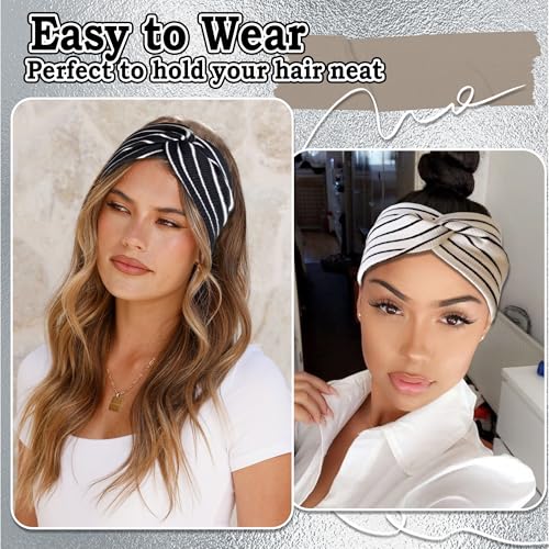 3 Pcs Headbands for Women Striped Cross Twist Hair Bands Stretchy Ribbed Turban Head Bands African Non Slip Workout Hair Warps Accessories - color: Black+White+Grey Stripe