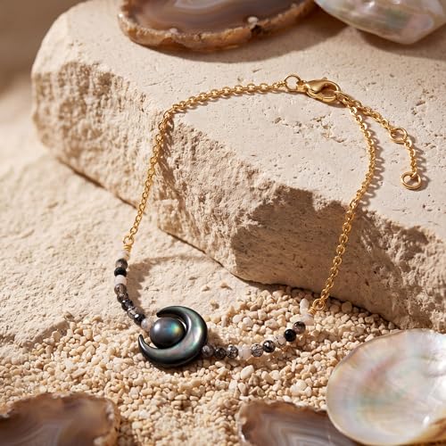 Fettero Beaded Bracelets for Women Charm Natural Stone Handmade Beads White Gold Plated Dainty Gold Bracelets Non Tarnish Boho Summer Beach Vacation Jewelry - color: Black-Moon