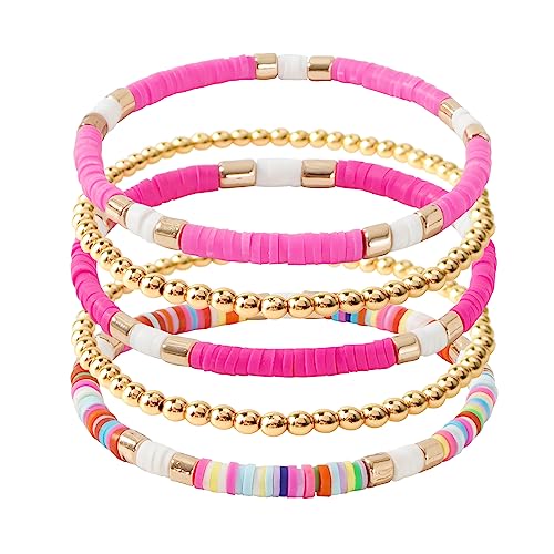 GOOJIDS Surfer Heishi Clay Bead Bracelets for Women Bohemian Stackable Gold Plated Beaded Stretch Bracelets Elastic Layering Friendship Bracelets Set Boho Jewelry - color: A-Multicolor Rose Sets