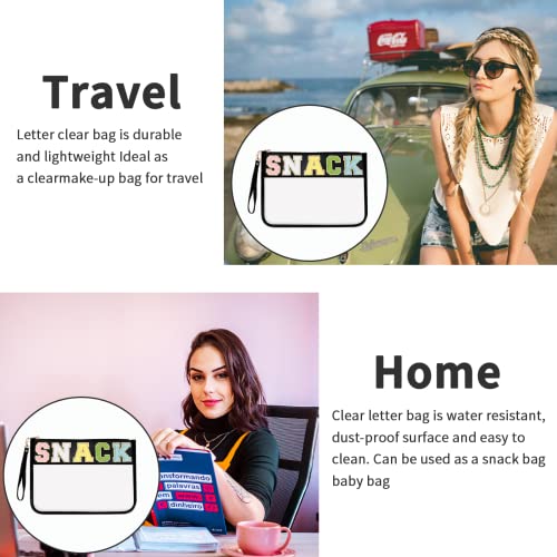 Iqimott Chenille Letter Clear Bag Snack Pouch, Monogram PVC & PU Makeup Cosmetic Bag Zipper Toiletry Pouch, Waterproof Portable Purse Travel Beach Snack Wristlet Bags for Women Girls(Snack, Black) - color: Snack-Black