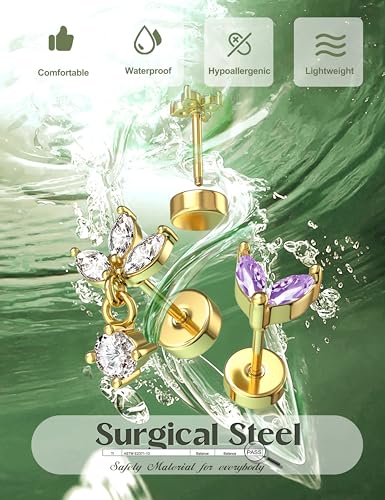 ORAZIO 16 Gauge Cartilage Earrings for Women Flat Back Hypoallergenic Surgical Steel Small Flatback Stud Hoop Cartilage Earring Stack Set Daith Conch Tragus Helix Piercing Jewelry Single PC - color: 14K Gold Plated +Purple CZ