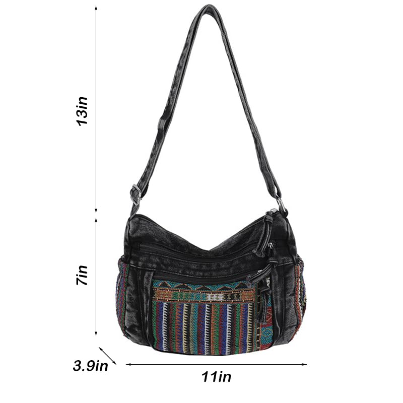 Hobo Crossbody Bags for Women, Boho Denim Purse Crossbody Bags, Adjustable Shoulder Straps with Lots of Pockets Hippie Purse, Fashion Travel Vintage Denim Bag
