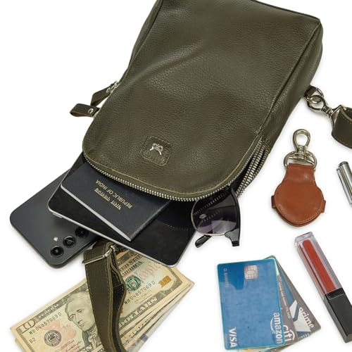 Leather Sling Bag for Women Genuine Crossbody Purse Small Trendy Cross Over Chest with Phone and Credit Card Slots (Olive Nappa) - color: Olive Nappa