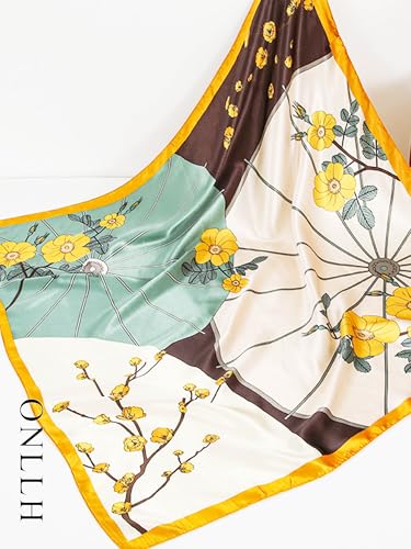 100% Mulberry Silk Scarf for Women Hair Lightweight Square Neckerchief Wrap For Head Scarves 21" - color: 1-yellow Plum Blossom /21"*21"