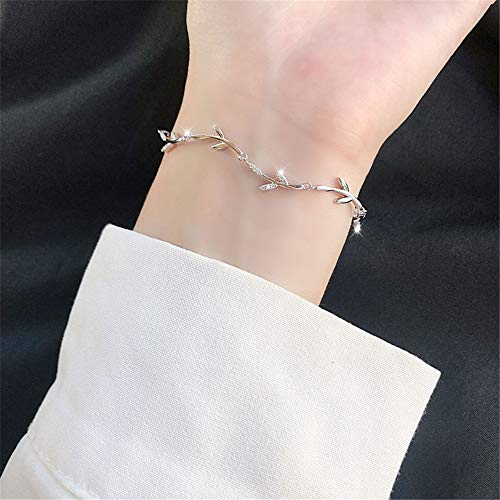 Dtja Crystal Leaf Bracelet for Women Sterling Silver Danity Charm Link Bracelets Anklets Adjustable Chain Simple Elegant Jewelry Birthday Christmas for Daughter Niece
