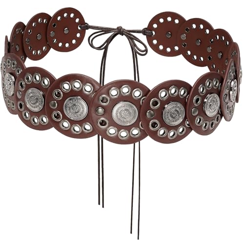 Women Western Disc Belt Boho Disk Concho Leather Belts Adjustable Knot Tie Waist Belts for Dresses - color: Brown