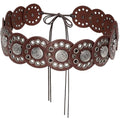 Women Western Disc Belt Boho Disk Concho Leather Belts Adjustable Knot Tie Waist Belts for Dresses - color: Brown
