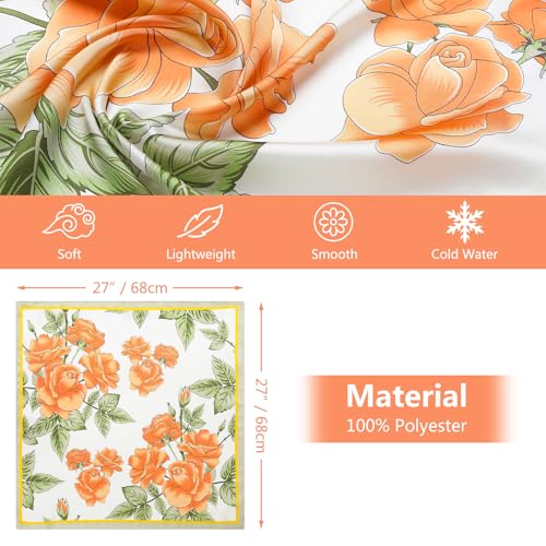 Stlvoll 27.5" Silk Neck Scarf of Women's Fashion Head Scarf Square Neck Satin Scarfs for Bag Hair Scarves Gift - color: Flower/Orange