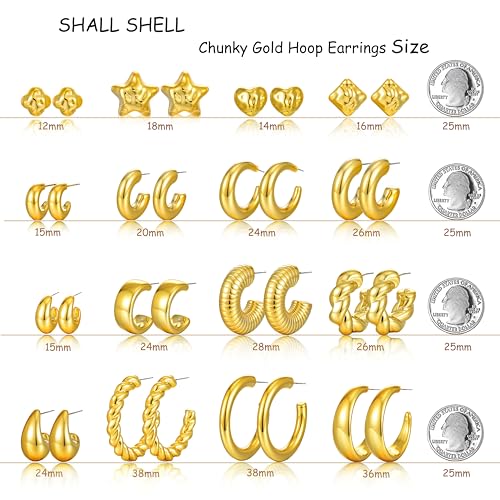 16 Pairs Starfish Chunky Gold Hoop Earrings Set for Women, Beach Shell Style Stack Statement Earrings, Hypoallergenic Lightweight Gold Plated Trendy Summer Jewelry Gift - color: gold-star
