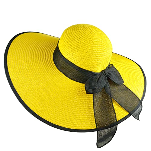 DRESHOW Beach Hats for Women Big Straw Wide Brim Summer Hat Floppy Foldable Roll up Cap Sun Hat UPF 50+ - color: Big Bow / Yellow+black 5.9" Brim
