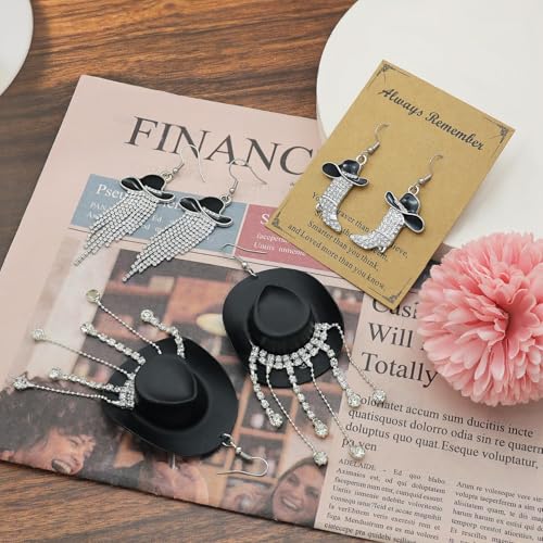 RechicGu 3 Pairs Western Cowgirl Cowboy Hat Earrings Set Silver Symmetric Boots Sparkly Rhinestone Tassels Drop Dangle Rural Culture Earrings Set For Women - color: Silver Boots,Black Hat