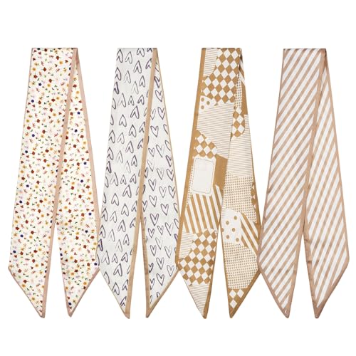 QIUTIMIY 4 Pack Purse Scarf Handbags Skinny Twill Hair Scarves Narrow Neck Scarf Band Women Fashion Accessories Bag Charms - color: Style 2