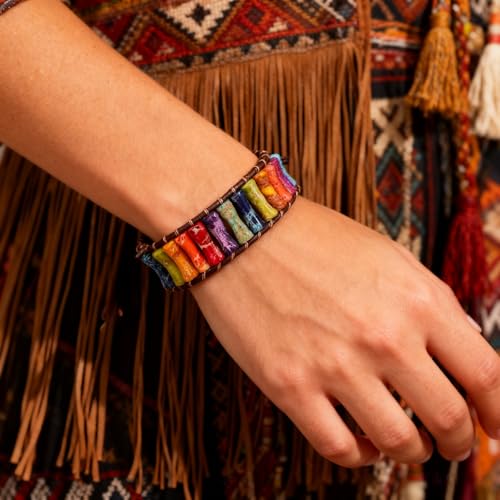 Sriomu 7 Chakra Bracelets for Women Handmade Natural Jasper Stone Healing Bead Bracelet Women Men Boho Friendship Inspirational Jewelry Natural Jasper Stone Double Layer Healing Bead Jewelry Gifts - color: Colorful - Black Leather