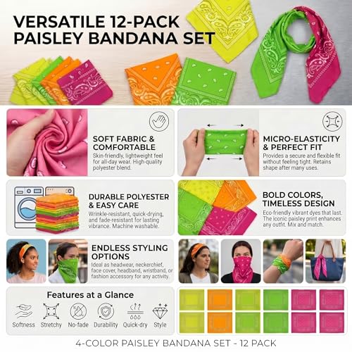 Blulu 12 Pack Neon Bandanas Bulk Multi Purpose Paisley Cowboy Bandanas for Men Women Headband Western Music Festival Rave - color: Orange, Yellow, Green, Rose Red