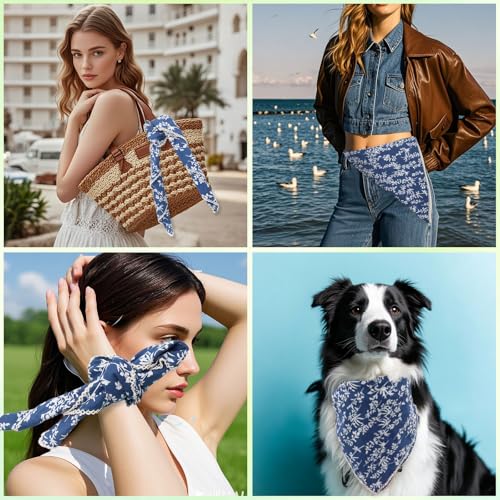 Floral Bandanas for Women Men, 27" x 27" Large Cotton Bandana Headband Head Wraps Hair Scarf for Beach Camping - color: Blue Floral-little Leaf