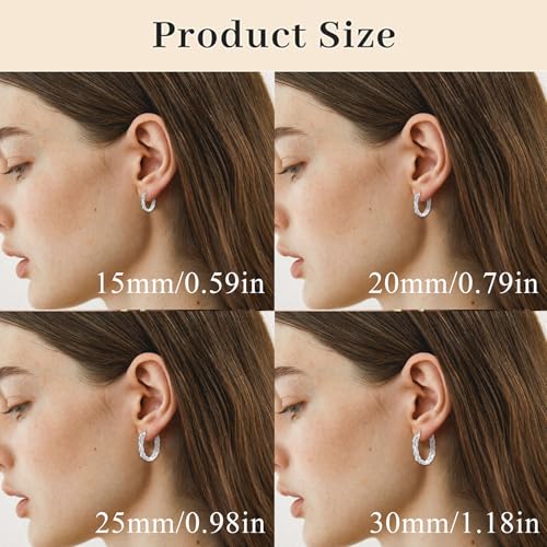 PABBEU Sterling Silver Hoop Earrings,Hypoallergenic Twisted Silver Hoops Earrings for Women Lightweight SilverHoop Earring with Cubic Zirconia (15/20/25/30MM) - color: 25mm Silver