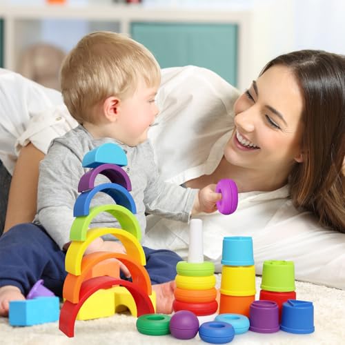 Kiddie Play Stacking Toys for Toddlers | Set of 3 Baby Toys Stacking Cups Stacking Rings and Rainbow Stacker