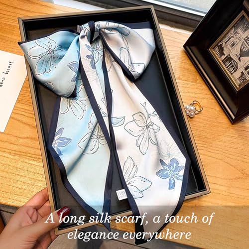 Sumolux Head Hair Scarf for Women Neck Purse Bag Handbags Scarf Like Silk - color: Blue White Flowers