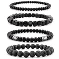 Men’s Hematite Bracelet Set Boho Multi - Tiger Eye/Matte Agate/Lava Rock Gifts for Birthday/Anniversary/Christmas - color: F03 Black Agate