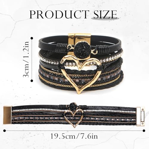 Leather Wrap Bracelet for Women, Boho Cuff Bracelet with Strong Clasp, Multi-Layer Crystal Leather Bracelet for Valentine Mother's Day - color: 01-Heart-Black
