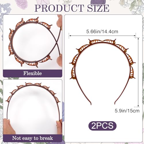 2 Pcs Headband with Clips, 90s Butterfly Hair Clips Headband with Teeth for Women, Braided Weave Bangs Non-Slip Clip Headbands Hair Accessories for Styling Decoration- Light Brown, Dark Brown - color: 2 Pcs Dark Brown