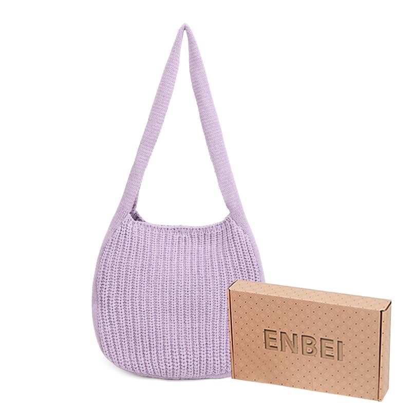 ENBEI Women's Crochet Tote Bag Knit Shoulder bag,Aesthetic Bag,Cute Eco-Friendly Tote for Travel,Daily Use,Gift Box Packaging - color: Purple