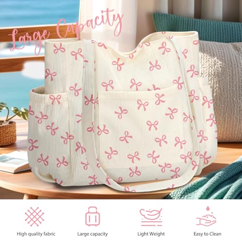 Corduroy Tote Bag for Women,Large Capacity Cute Tote Bags With 6 Pockets,Crossbody Shoulder Handbag for Work Travel Gym - color: Pink Bows