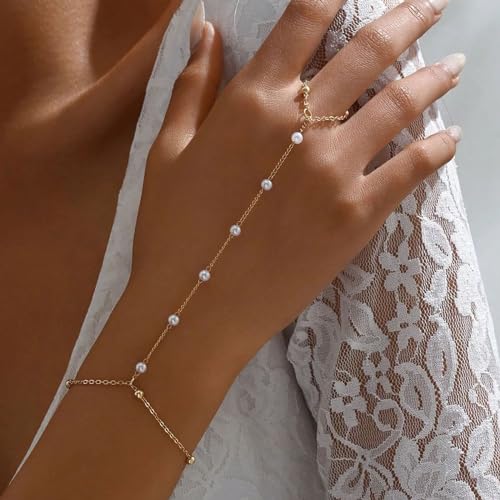 Hand Chain Gold Bracelets for Women Trendy Finger Ring Slave Bracelet Dainty Chain Hand Jewelry Trendy Gifts - color: D4:Pearl Hand Chain