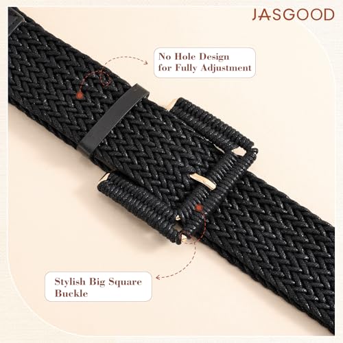 JASGOOD Women Wide Woven Belt for Dresses Rattan Waist Belt Braided Boho Belt with Square Buckle - color: Black, size: Fit Waist Size 23-27inch