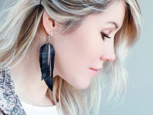 Black shiny Leather Feather Earrings for Women, Lightweight Minimal Boho Dangle Earrings, Small Simple Everyday Jewelry - color: black
