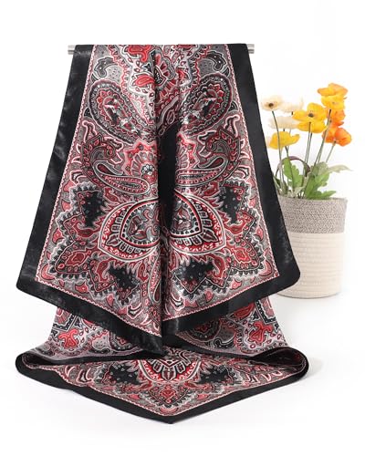 CHLINS 35" Satin Square Hair Scarf Bandanas - 3Pcs Large Silk Head Scarves Lightweight Sleeping Hair Wraps for Women - color: Brown+black+blue