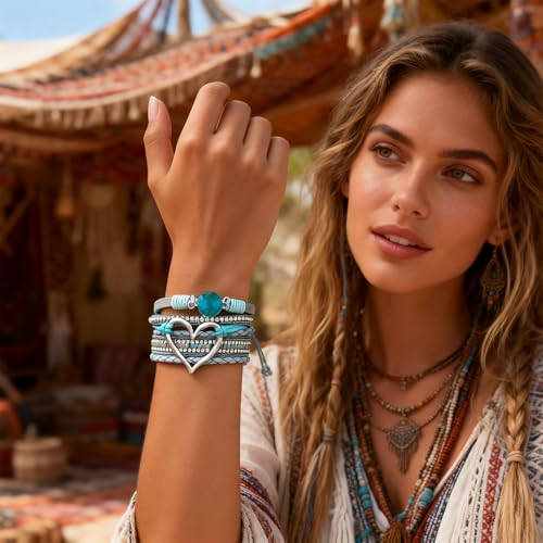 Long tiantian Leather Bracelets for Women Warp Bracelet Stackable Boho Layered Bracelet Chunky Heart Trendy Birthday Gifts for Her - color: B18:bracelet for woman