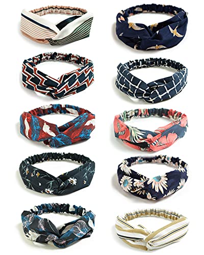 DRESHOW 10 Pack Boho Headbands for Women Vintage Cross Elastic Head Wrap Hair Accessories - color: 10 Pcs: Flower Printed Series