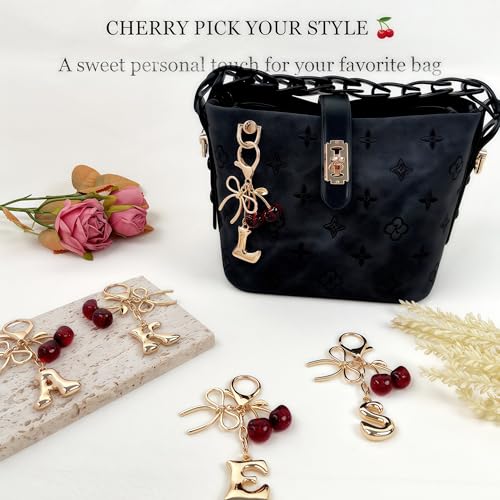 Cute Initial Cherry, Bow, Heart & More Styles - Personalized Keychain Bag Charms & Purse Accessories for Handbags - color: Red Cherry, style: L