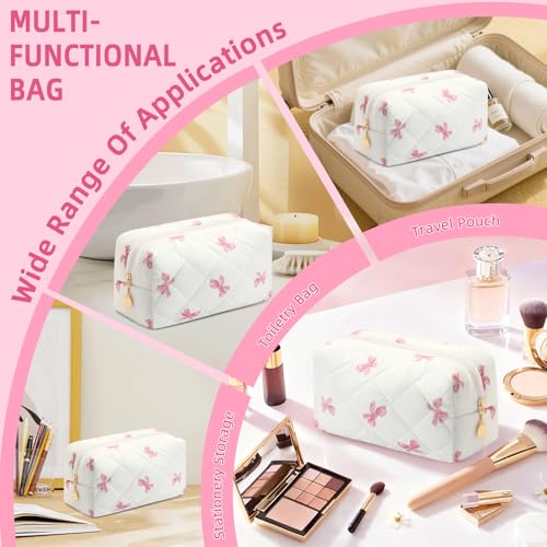 Small Makeup Bag Quilted Cosmetic Bag Floral Travel Toiletry Bags for Women Cute Pencil Case Quilted Makeup Pouch Aesthetic Coquette Cosmetic Pouch Cotton Make Up Bags Cute Zipper Pouches White - color: Ae-pink bow