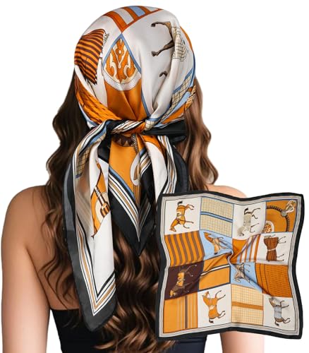 Sumolux Head Hair Scarf for Women Like Satin Silk Scarf Bandana Hair Wrapping Night Large Square Scarves 27.5" - color: Blue Horse