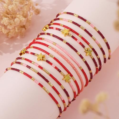 Dainty Gold Beaded Star Bracelets Stack for Women,Handmade Boho Colorful Beads Bracelet Fashion Prom Holiday Jewelry Gift Friendship Family - color: Red
