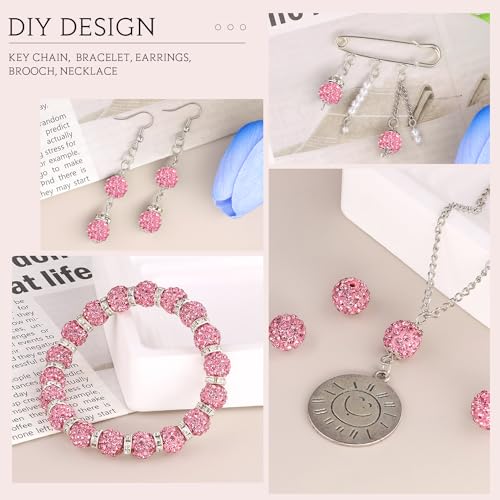 100pcs 10mm Rhinestone Beads for Jewelry Making, Dark Pink Shiny Round Shamballa Disco Ball Beads Bulk, Sparkle Crystal Clay Christmas for Bracelet Baseball Necklace Earring Crafting and DIY - color: Dark Pink, size: 10mm/100pcs