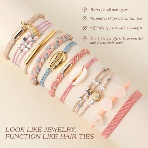 10 PCS Cute Hair Ties Bracelet for Women - 5 Styles Soft Braided Nylon Elastic Hair Bands No Damage Ponytail Holders - Pink Hair Accessories for Thick Thin Curly Hair with Gift Box - color: Pink