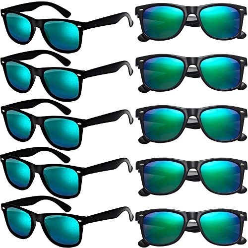 Eyegla Sunglasses Bulk Party Sunglasses Pack 80s Shades Eyewear Set for Men Women 8/10/20/30Pack - color: Black Frame+green Mirror Lens 10 Pack