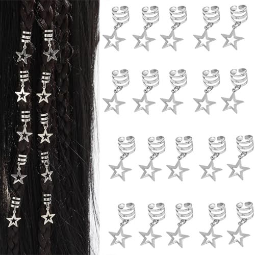 20Pcs Hollow Star Hair Clips | Silver Hair Jewelry Rings & Cuffs for Braids, Dreadlocks | Boho Hair Accessories for Women | Festival Braiding Beads Charms - color: Silver
