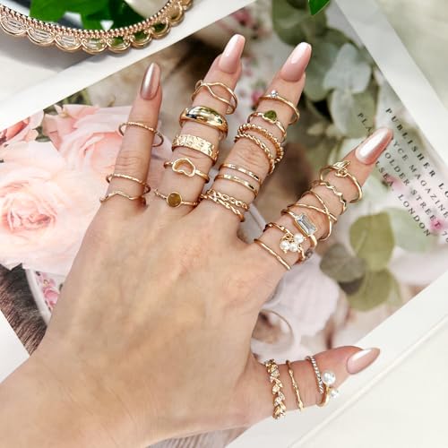 24 Pcs Gold Knuckle Rings Set for Women – Vintage Stackable Midi Rings with CZ Crystals, Twist, Hollow, and Dainty Designs – Adjustable Size Finger Rings Jewelry Gift