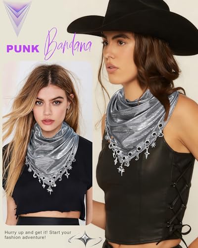 Punk Triangle Head Scarf with Metal Charms - Y2K Sparkly Bandana for Women | Vintage Neck Scarf for Festival Party Concert - color: Brushed Silver
