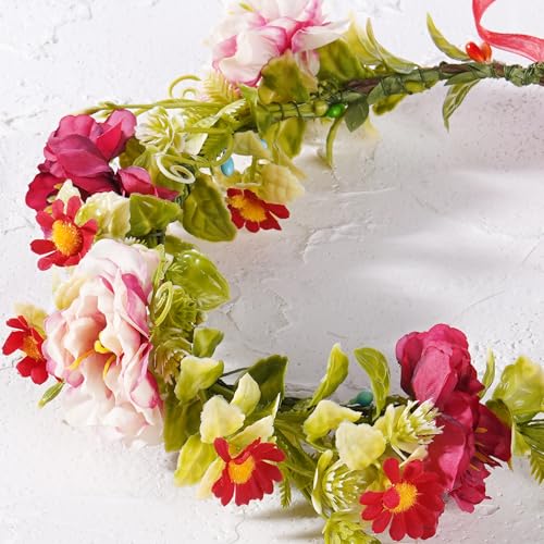 Red Rose Flower Headband, Adjustable Boho Bridal Floral Crown Headpiece, Fairy Forest Flower Crown for Women Girls Renaissance Birthday Bride Wedding Festivals Party Hair Accessories - color: Rose Daisy Red
