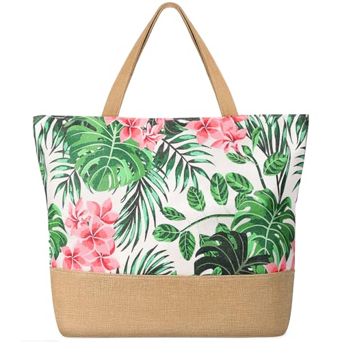 Trifabricy Beach Bag for Women, Large Beach Tote Bags with Zipper, Woven Straw Tote Waterproof, Swim Gym Shopping Travel Bag - color: Pink Floral