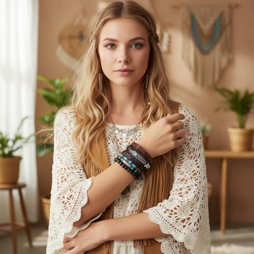 Turquoise Leather Western Bracelets for Women Men Bohemian Retro Turquoise Wrap Bracelets Exquisite Layered Stacked Cowboy Cowgirl Bracelet Western Country Concert Outfits Leather Cuff Bracelet for Women - style: Feather