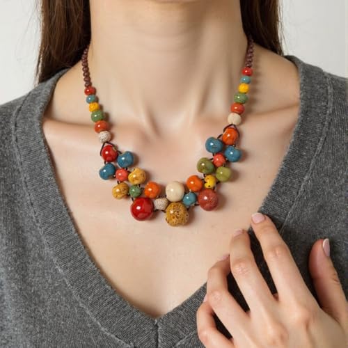 KURTCB Boho Hippie Ceramic Beaded Necklace Bracelet Colorful Statement Chunky Beads Strand Necklace Bracelet Thanksgiving Fall Autumn Jewelry for Women - style: Style 2