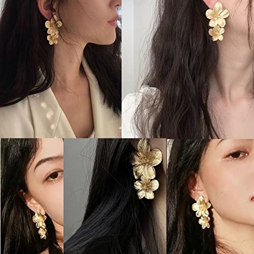 Boho Metal Flower Dangle Earrings - Romantic Sweet Chic Petal Statement Earrings for Women