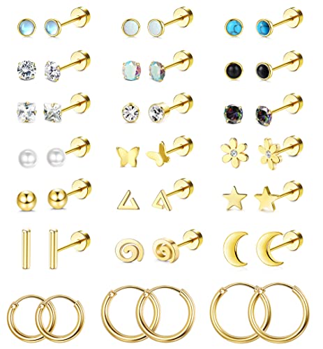 LOLIAS 21Pairs Surgical Steel Flat Back Earrings Hypoallergenic 20G Screw Back Nap Stack Cartilage Earring Stacks - color: 14K Gold-plated