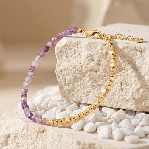 Fettero Beaded Bracelets for Women Charm Natural Stone Handmade Beads White Gold Plated Dainty Gold Bracelets Non Tarnish Boho Summer Beach Vacation Jewelry - color: Light purlbe